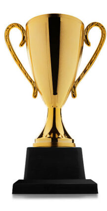This is a photo of a golden trophy. The background is a pure white.